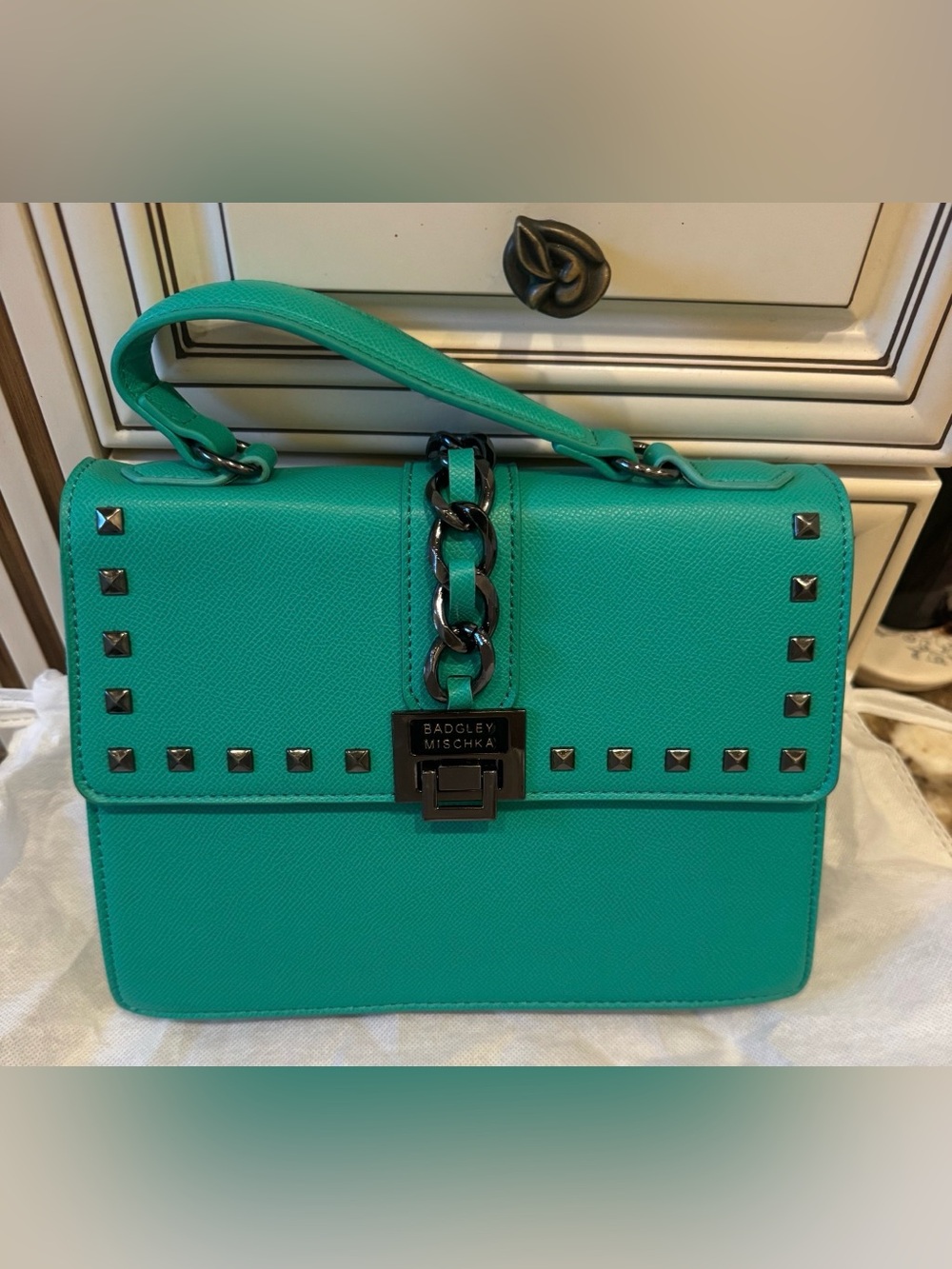 Badgley Mischka Turquoise Top-Handle Satchel with Gunmetal Chain